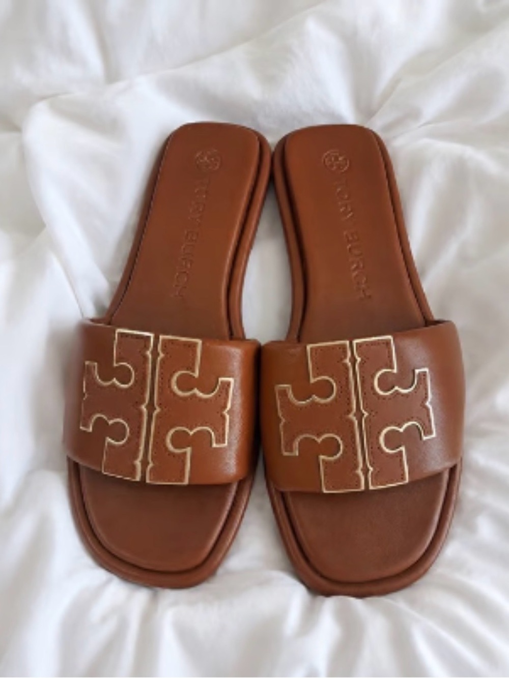 Tory Burch Brown Leather Logo Slide Mules